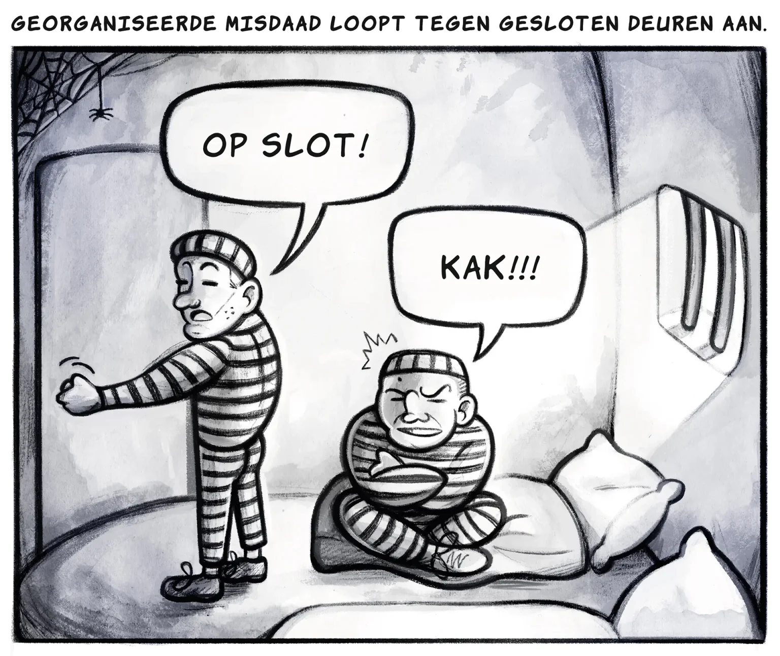 cartoon georganiseerde misdaad loopt tegen gesloten deuren aan gevangenis illustratie