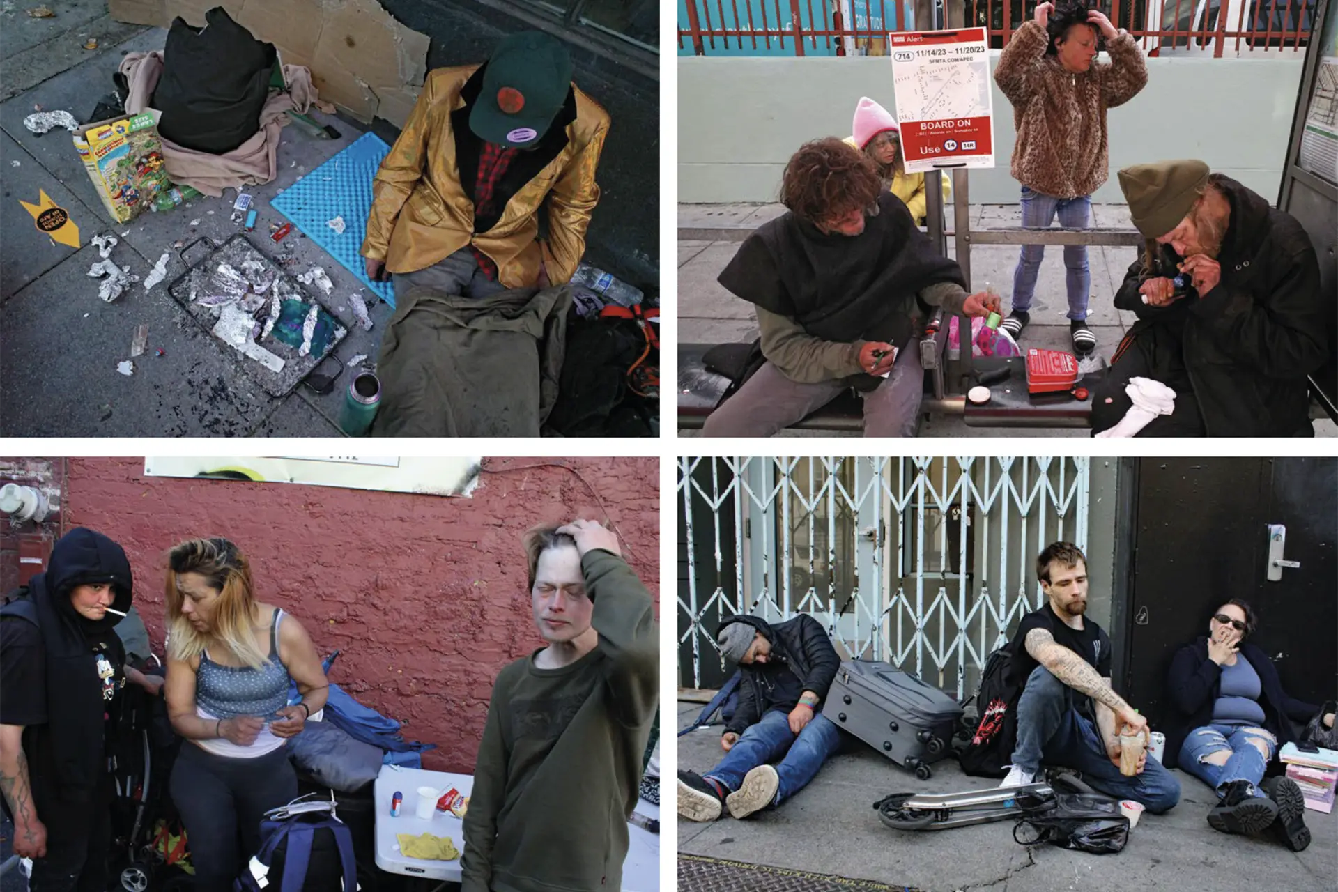 Collage van fentanylgebruikers in San Francisco tijdens de Amerikaanse fentanylcrisis