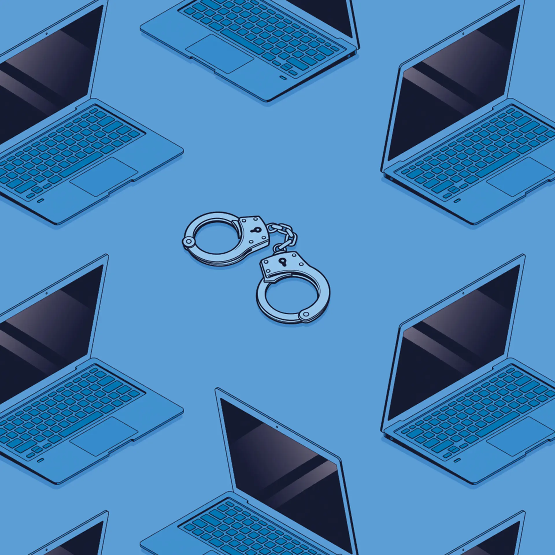 Illustratie van laptops en handboeien als symbool voor informatiepositie en ondermijning